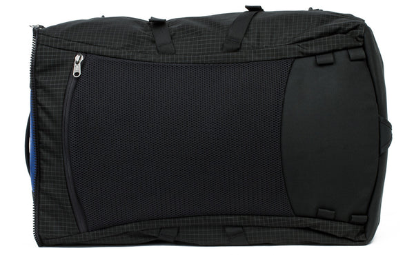 A reverse shot of the main bag of the Hero's Journey in Nordic (blue with grey grid) 400 Halcyon.